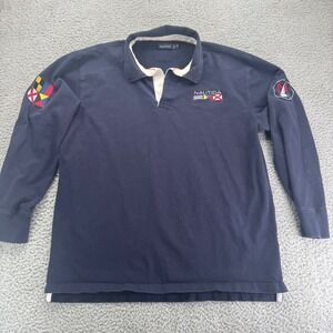 Nautica Mens Long Sleeve Rugby Polo Shirt XL Navy Blue Nautical Flags Spell Out